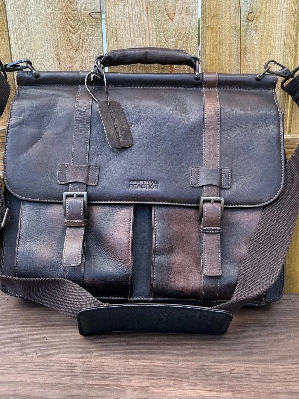 Kenneth Cole Reaction Dark Brown Leather Messenger Bag with Adjustable Strap